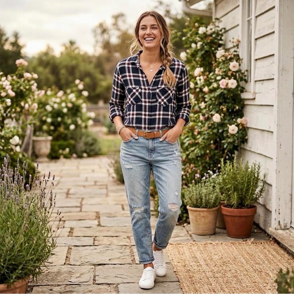 Velvet Heart Navy White & Red Plaid Button-Down Shirt